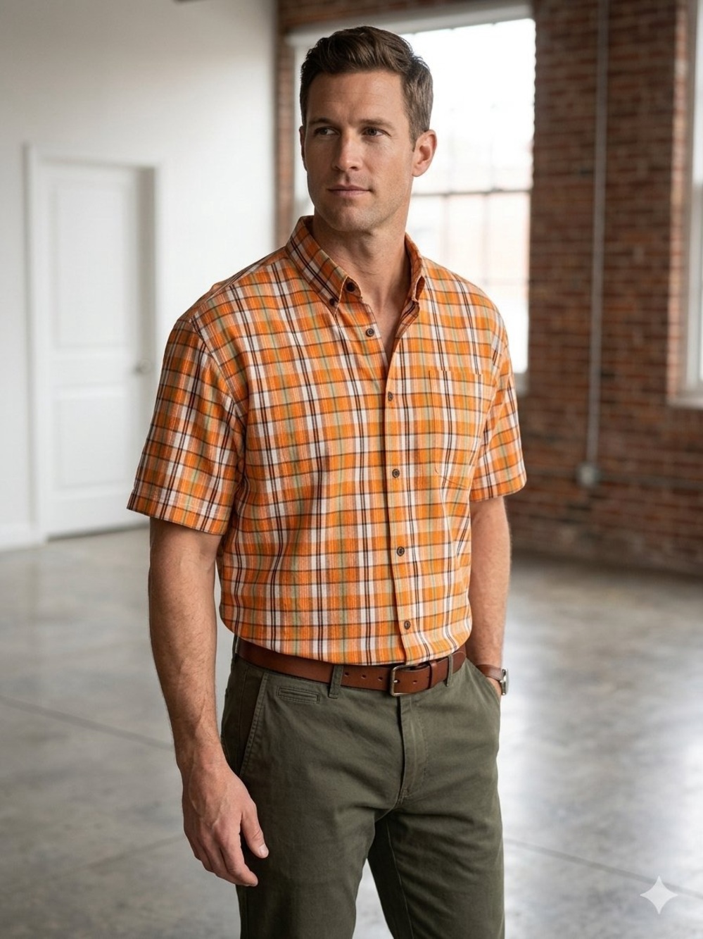 Ruff Hewn Orange Plaid Short-Sleeve Button-Down Shirt